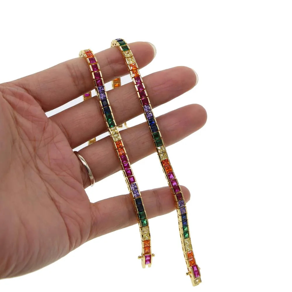 2025 High Quality Crystal Rainbow Geometry Bracelet Bangle For Women Paved Clear AAA Cz Luxury Gold Color Party Jewelry Gift