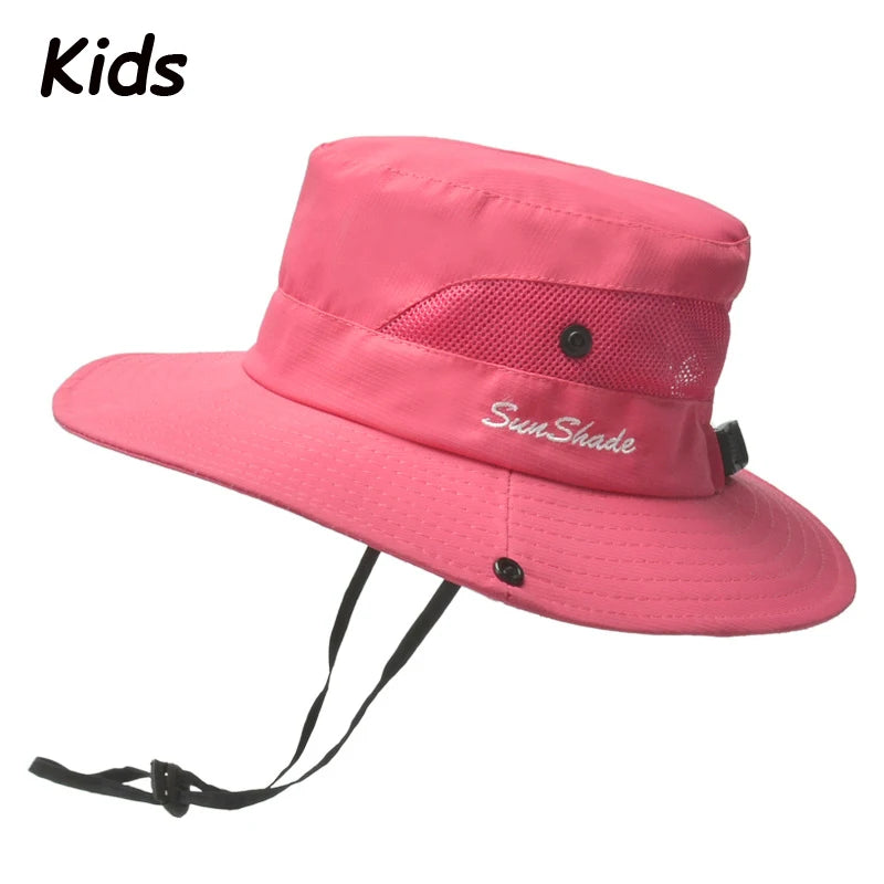 Women Summer Adjustable Bucket Hat with a Ponytail Hole Girls Sun Protection Hiking Cap Parent-child Outdoor Wide Brim Headgear