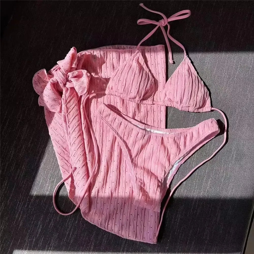 Pink Triangle Halter String Bikinis Sets 3 Pieces Sexy Swimsuits Cover Ups Women 2025 Holiday Solids Swimwears Beachwear Biquini