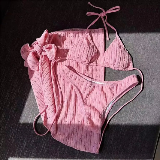 Pink Triangle Halter String Bikinis Sets 3 Pieces Sexy Swimsuits Cover Ups Women 2025 Holiday Solids Swimwears Beachwear Biquini