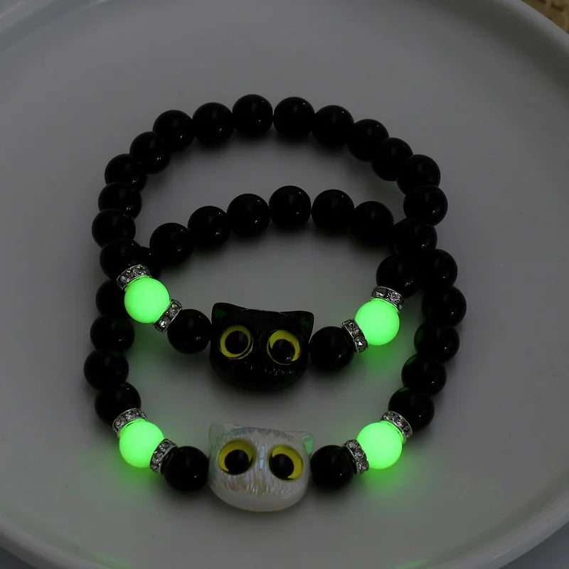 Luminous Matching Couples Bracelets Necklace for Women Men Cat Black White Cat Head Bangles Glow In The Dark Friendship Gift