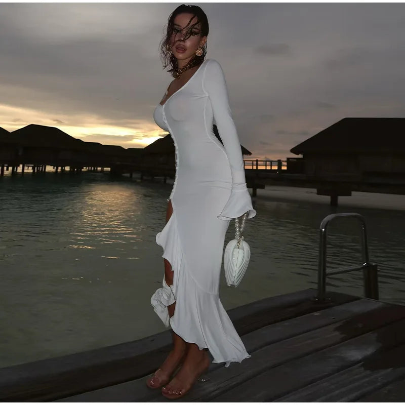 Flounce Solid Color Slim Dress Woman Single Breasted Deep V-Neck Flared Sleeve Irregular Hem Dresses Elegant Women's Slit Dress