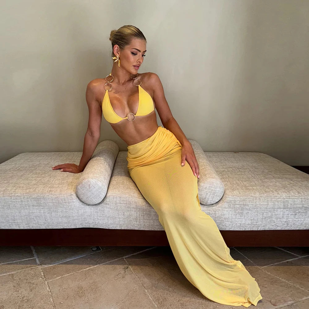 Sexy Ring 3 Piece Bikinis Women Swimsuit 2024 New Swimwear With Long Sleeve Bathing Suit Beachwear Biquini Female