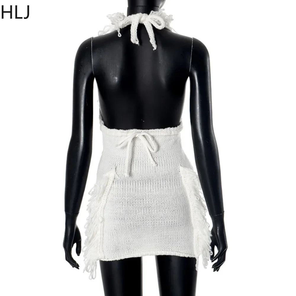HLJ Sexy Knit Tassels 2 Piece Sets Woman Outfit Long Sleeve Lace-Up Cardigan Tops + Mini Skirts Suits Female Streetwear Clothing