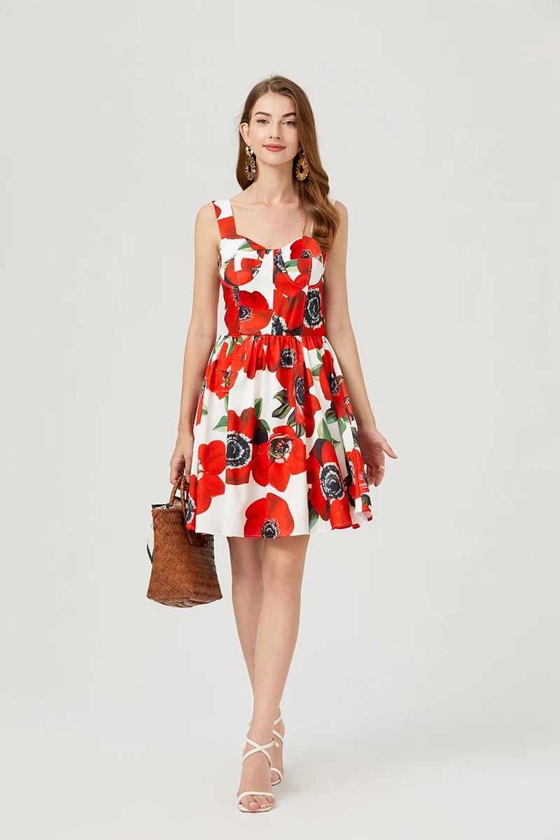 2024 Summer Fashion Short Boho Dress Women Mini Floral Print Dress Female Sleeveless Hanging Belt Printed Waist Folded Dress