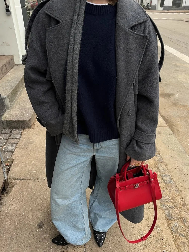 Elegant Woolen Long Coats Women Double-breasted Turn-down Collar Full Sleeves Jackets 2025 Autumn Winter Fashion Outwears Lady