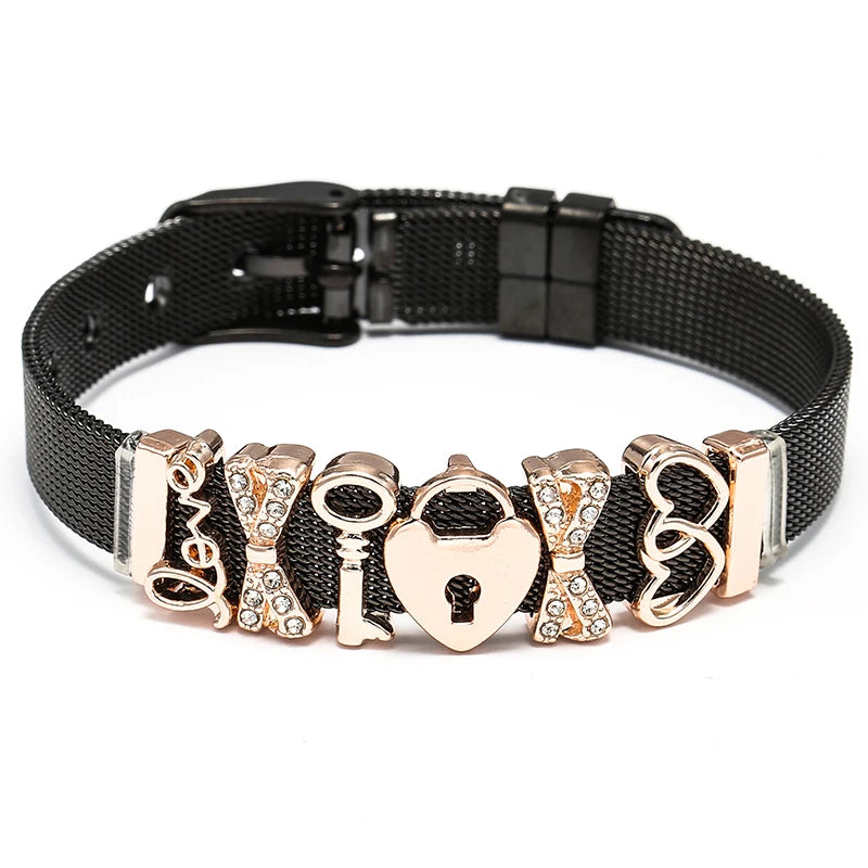 Silver Color Stainless Steel Mesh Bracelets For Women Crystal Santa Claus Beads Charm Watch Belt BraceletsBangles Christmas Gift