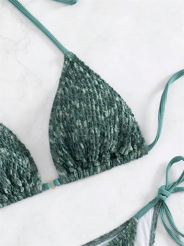 Sexy Green 2 Piece Bikinis Sets Women Halter Metal Stap Push Up Swimsuit 2024 Summer Lace Up Beach Bathing Suit Thong Swimwear