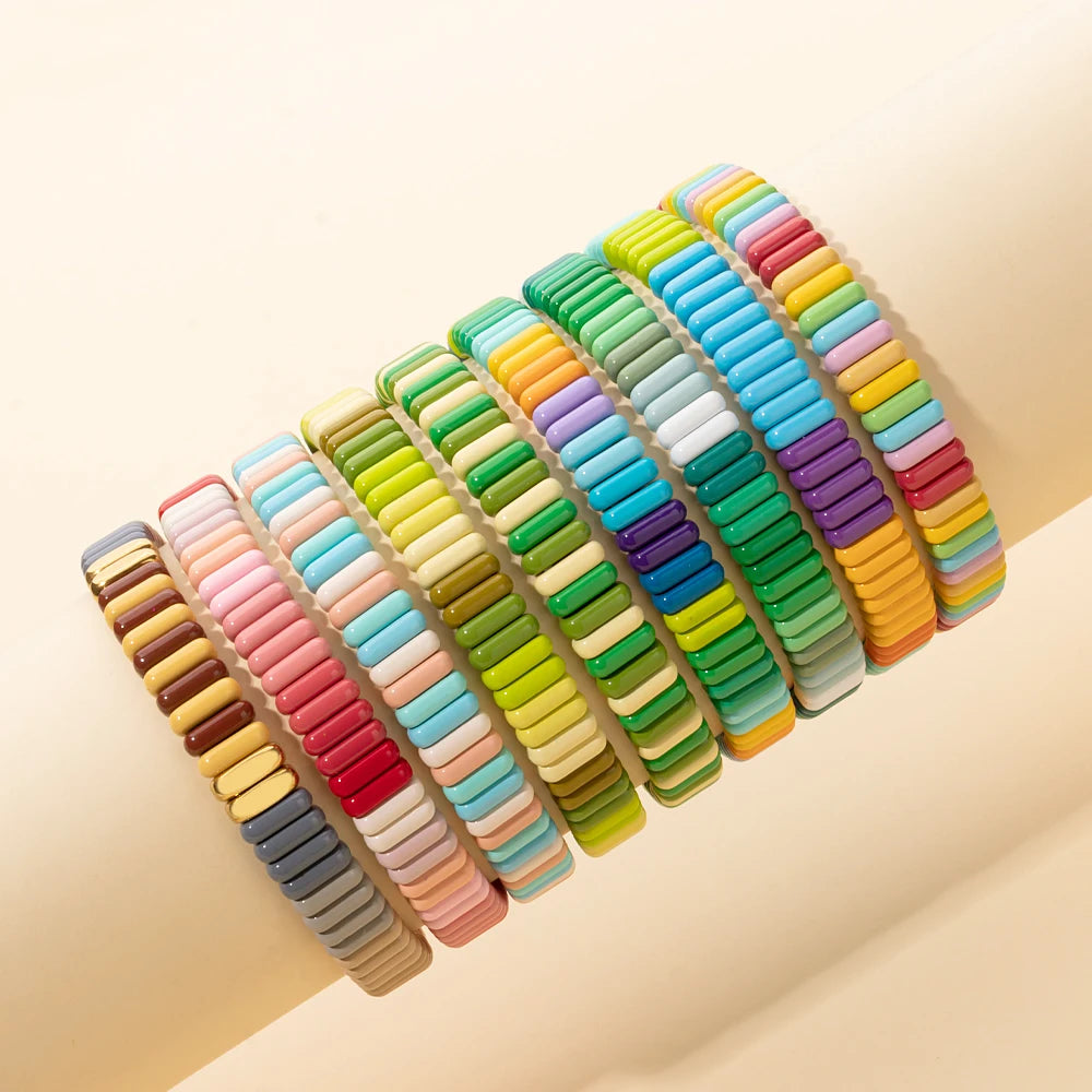 2024 New Design Elatic Rainbow Bracelets For Women 2X8MM Rectangle Beads Bracelets Bohemian Metal Bangle Colorful Jewelry