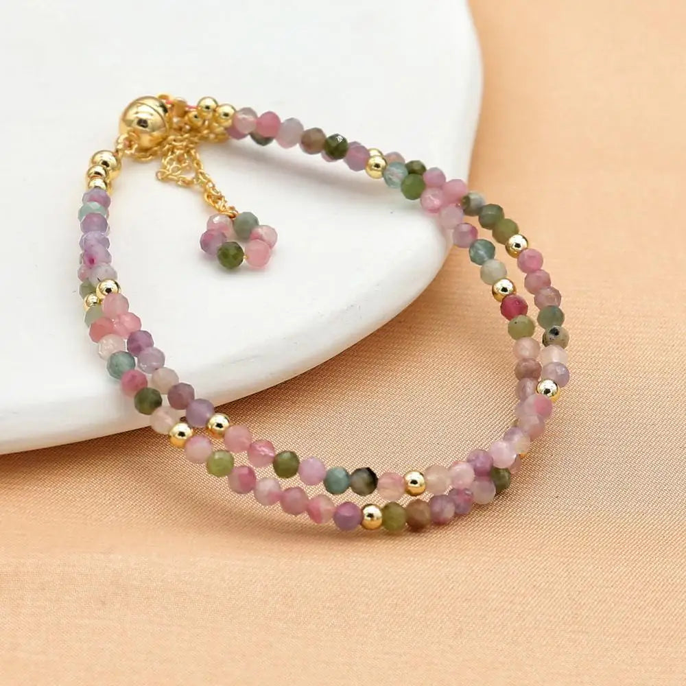 3MM Tourmaline Bracelets Double Layered Bohemian Colorful Crystal Beaded Bracelet Handmade Women Pulseira Fashion Jewelry