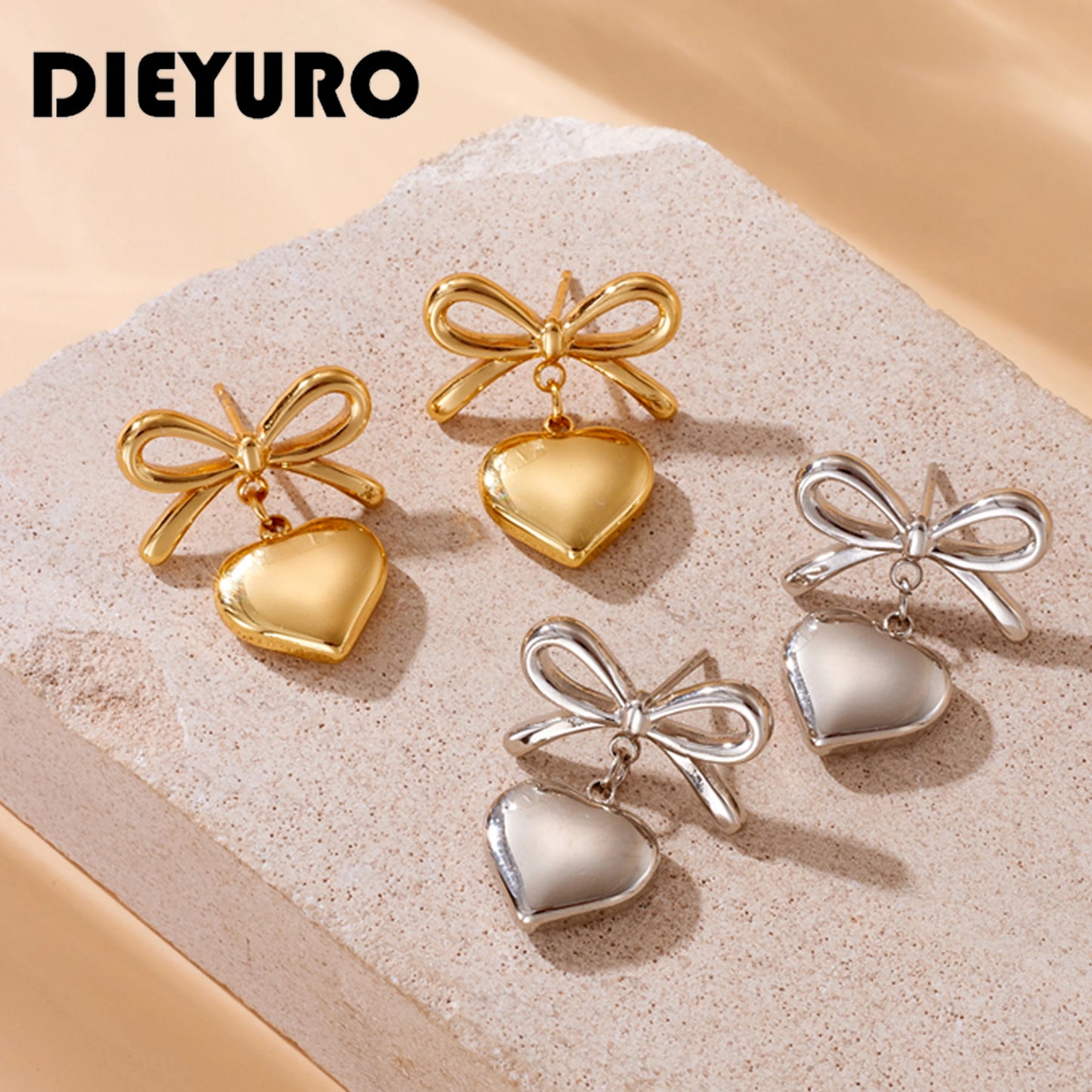 DIEYURO 316L Stainless Steel Gold Color Bow Heart Earrings For Womans New Fashion Exquisite Ear Accessories Jewelry Party Gifts
