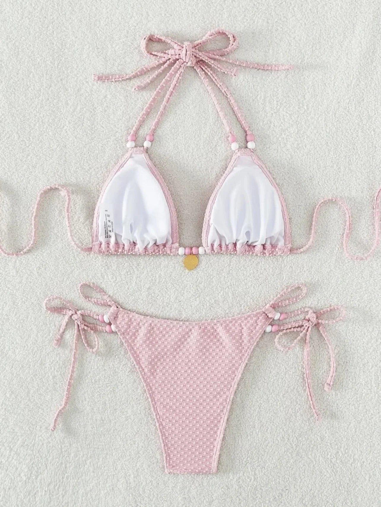 Sexy Pink Bikini 2024 Swimsuit Women White Pearl Strap Push Up Micro Swimwear Brazilian Bathing Suit Tie Side Thong Bikinis Sets