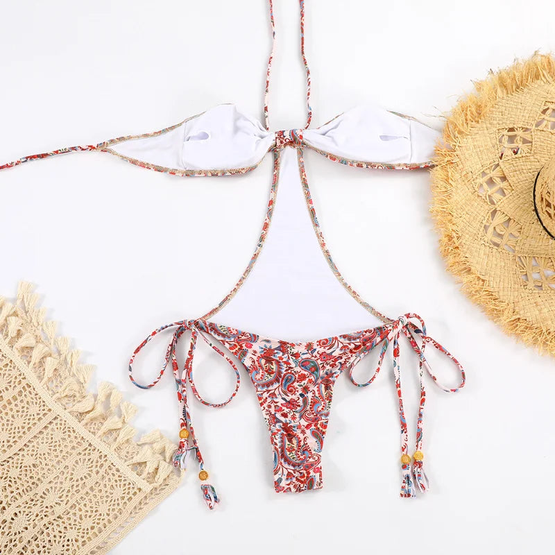 String Swimwear Women Sexy Halter One Pieces Swimsuit Lace-Up Push Up Bathing Suits 2023 Solid Bikinis Sets Beachwear Monokinis