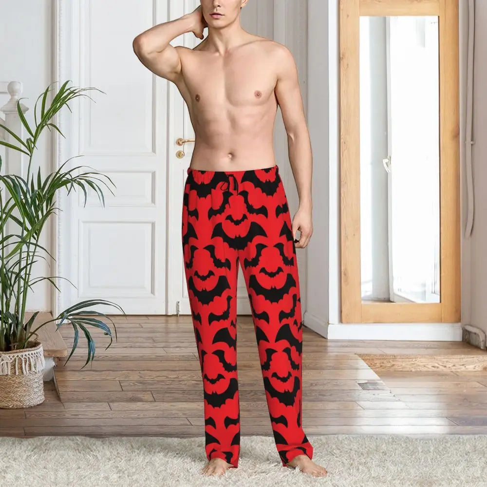 Custom Cute Spooky Halloween Bats Black And Purple Pajama Pants for Men Lounge Sleep Drawstring Sleepwear Bottoms with Pockets
