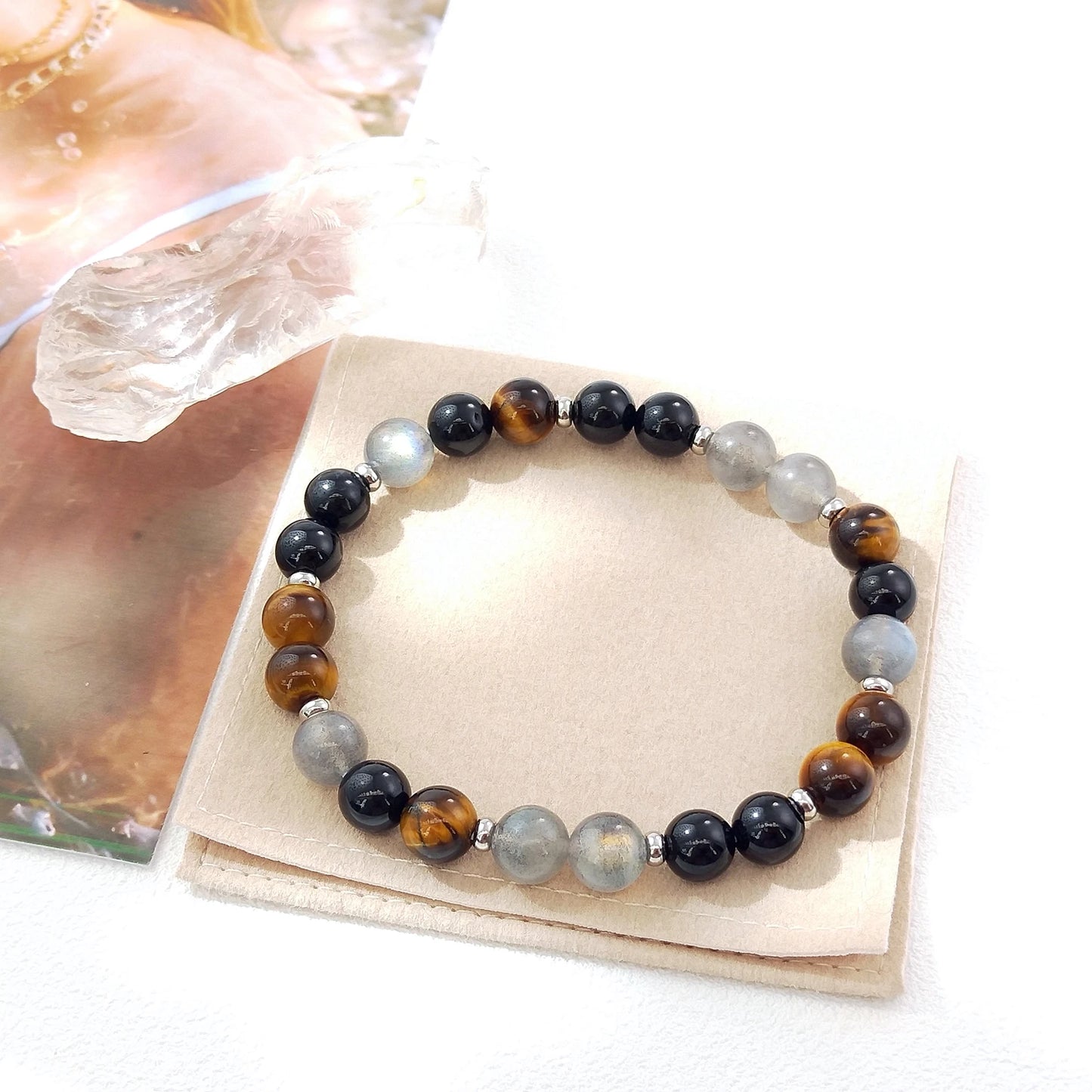 Lii Ji Natural Black Tourmaline Tiger's Eye Labradorite 8mm Elastic Bracelet