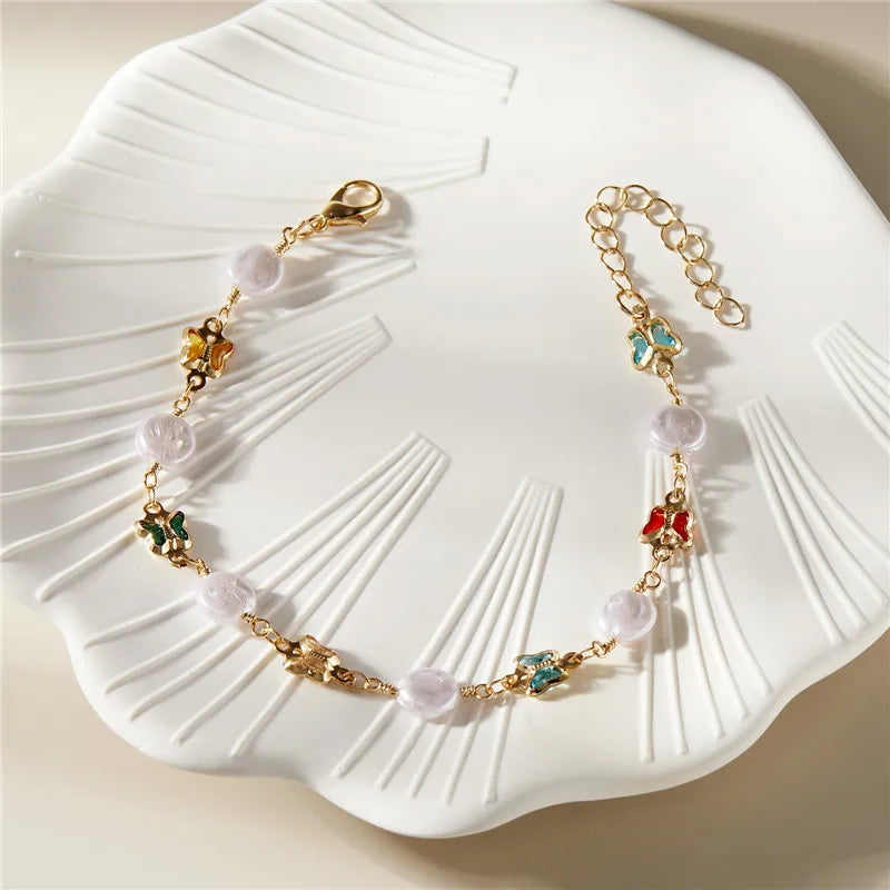 Exquisite Boho Candy Color Heart Shaped Crystal Bracelet for Women Fashion Charm Zircon Butterfly Pearl Metal Chain Bracelets