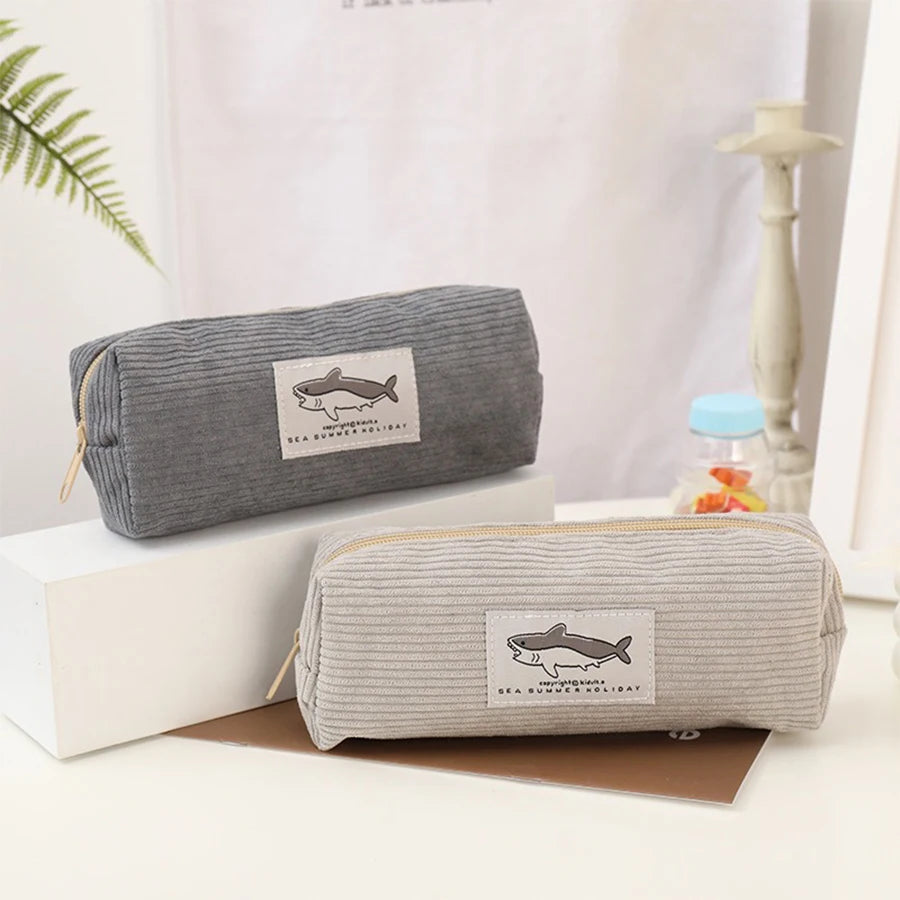 Cute Shark Pencil Case Unisex Korean Style Dirty Corduroy Resistant Storage Bag for Girls School Student Supplies Stationery