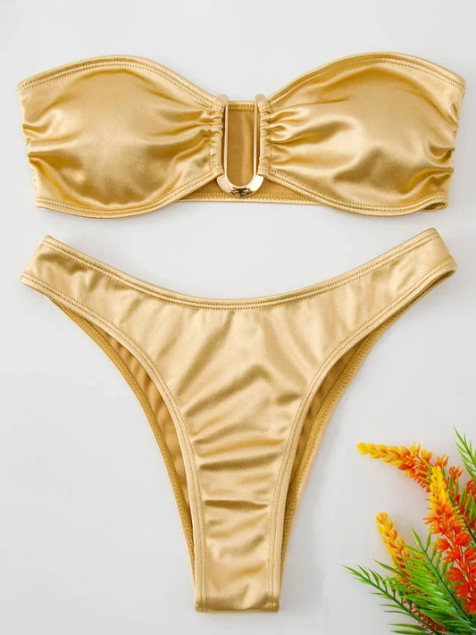 Shiny Bandeau Bikinis 2025 Strapless Bikini Female Swimsuit Women Swimwear Two-pieces Bikini Set High Cut Bathing Suit Swim Lady