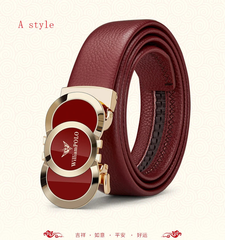 Genuine leather Chinese style men's belt, red belt, automatic buckle, personalized belt