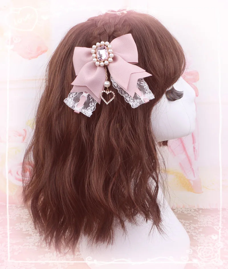 Japanese Sweet Cute Handmade Rhinestone Bow Hairpin Pearl Lace Hairclips Lolita Women Girls Side Clip Bag Pendant Handbag Charms