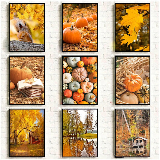 Autumn Yellow Leaves Fall View Landscape Wall Art Print Canvas Painting Pumpkin Halloween Poster Picture Living Room Home Decor