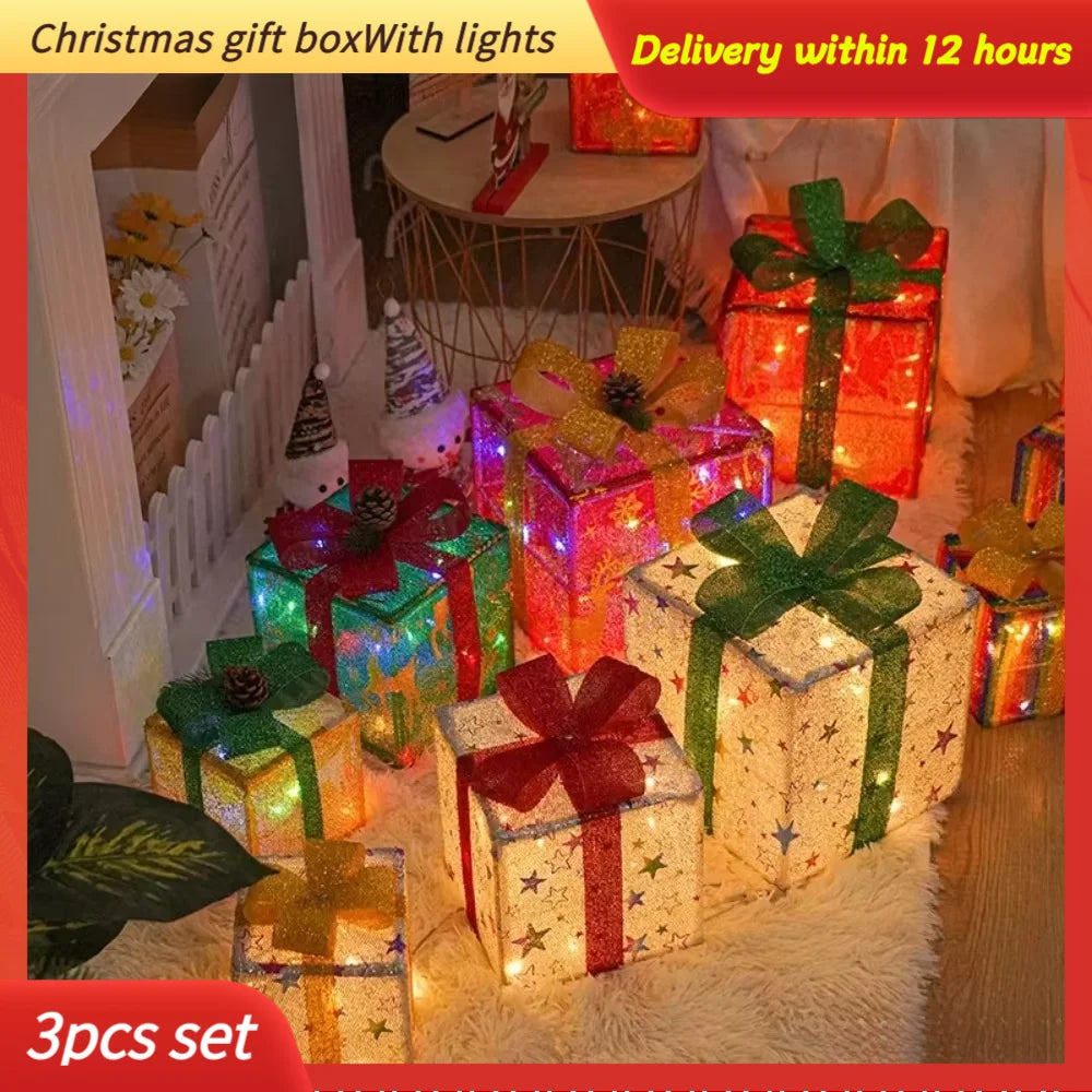 2025 Christmas Gift Box with LED Light String Warm Light Colored Light 3pcs Gift Box Christmas DIY Props Decoration Gift Boxs