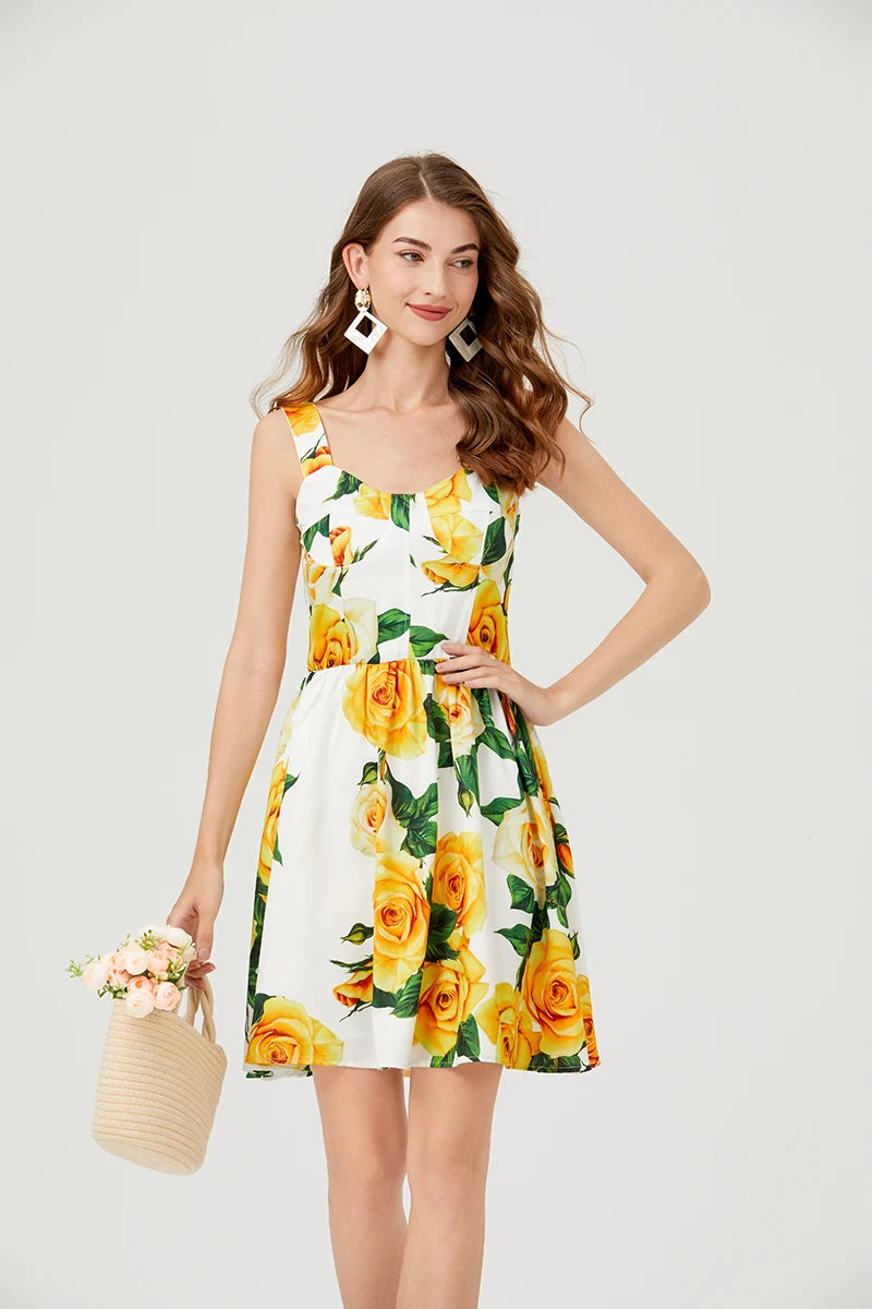 2024 Summer Fashion Short Boho Dress Women Mini Floral Print Dress Female Sleeveless Hanging Belt Printed Waist Folded Dress