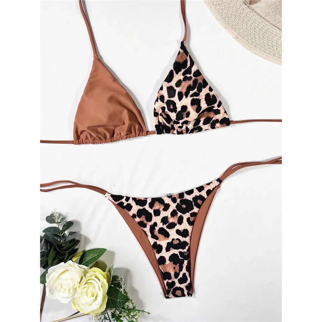 Halter Splicing Leopard Bikinis 2025 Satin Bikini Female Swimsuit Women Swimwear Two-pieces Bikini Set Micro Bathing Suit Swim