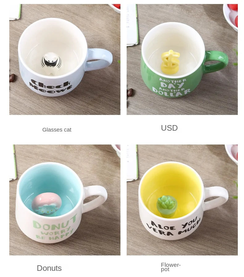 Cute Cartoon Coffee Figurine Mugs with Animal Inside, Ceramic 3D, Uincorn, Love Novelty Cup, Christmas Gift for Friends, Kids