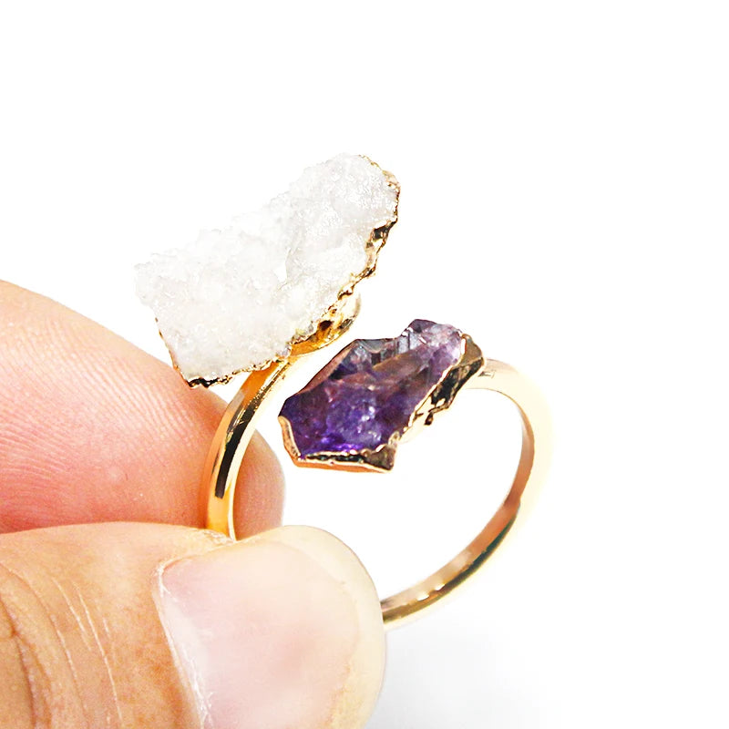 Irregular Druzy Stone Amethyst Open Ring Golden Handmade Crystal Cluster Finger Jewelry Adjustable Size