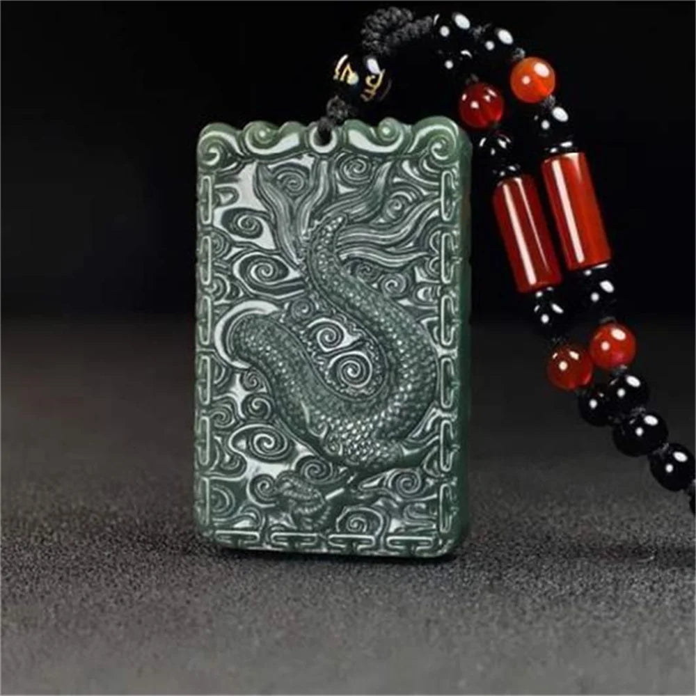 Natural Dark Green HeTian Jade Carved Chinese Unique Dragon Lucky Jade Pendant Male Neck Amulet Necklace Vintage Jewelry