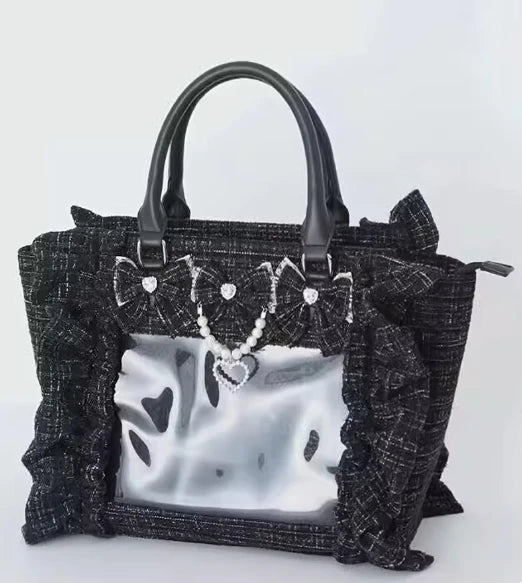 Japanese Style Mine Ita Bag Ruffled Lace Women Girls Rhienstone Pearl Bowknot Square Tote Shoulder Portable Bolso Handbags