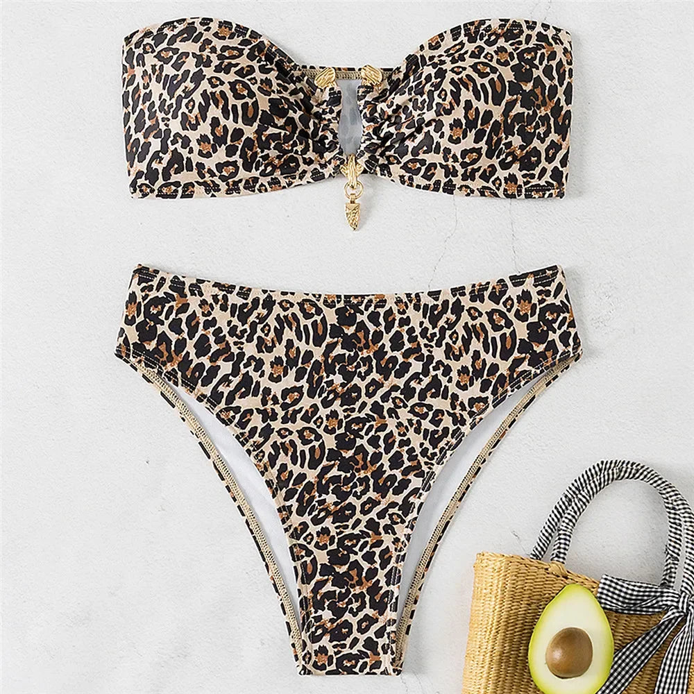 Leopard Print Swimwear Bandeau Bikinis Sets Sexy Swimsuit Women Metal Ring Wrinkled Bathing Suit Brazilian Bikini 2025 Mujer