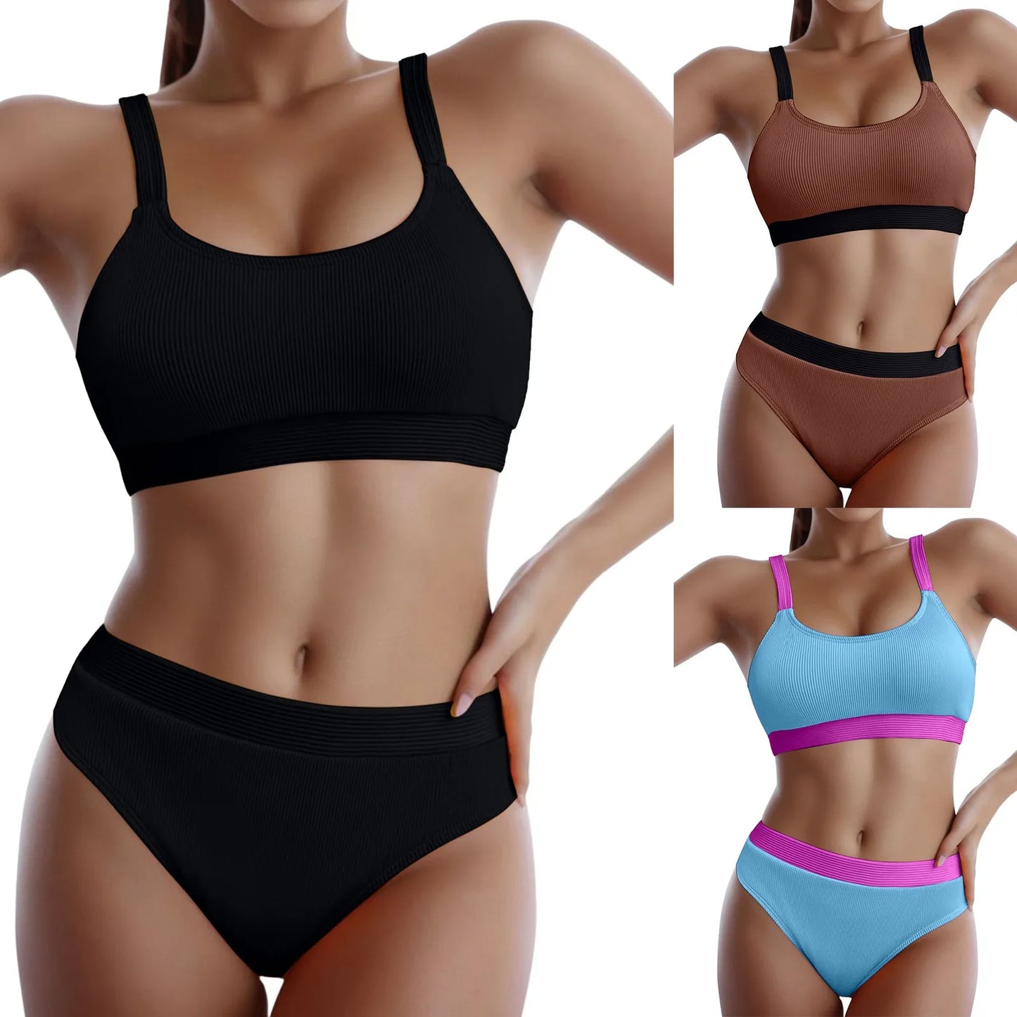 Women High Waist Bikini Female Crew Neck Push Up Bra Bikinis Print Swimsuit Female Beachwear Hip Lifting Shorts Swimwear