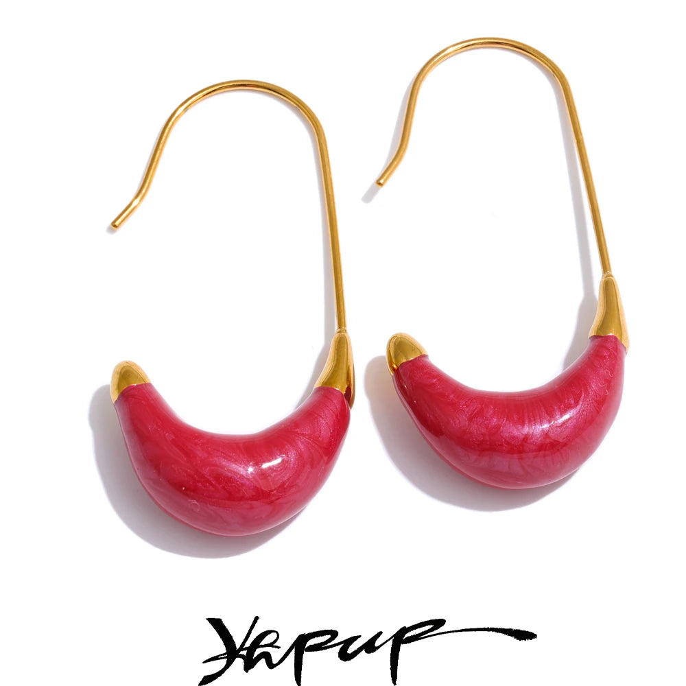 Yhpup New Popular Red White Enamel Metal U Shape Geometric Hoop Earrings for Women Stainless Steel Exquisite Daily Jewelry Gift
