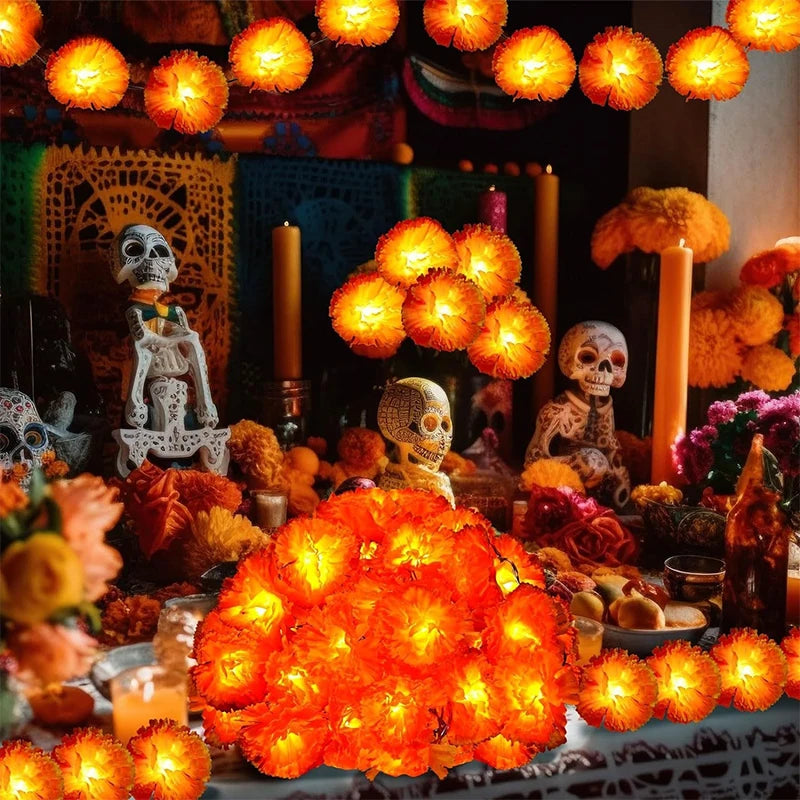 Mexican Marigold Artificial Flowers Day Of The Dead Diy Home Outdoor Decor Halloween Diwali Party 1.5m Garland String Lights