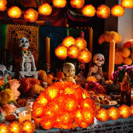 Mexican Marigold Artificial Flowers Day Of The Dead Diy Home Outdoor Decor Halloween Diwali Party 1.5m Garland String Lights