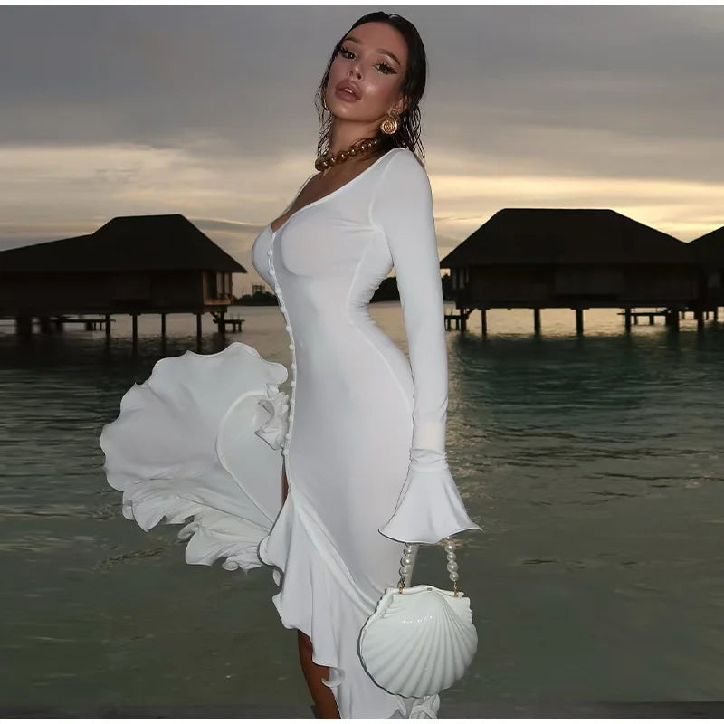 Flounce Solid Color Slim Dress Woman Single Breasted Deep V-Neck Flared Sleeve Irregular Hem Dresses Elegant Women's Slit Dress
