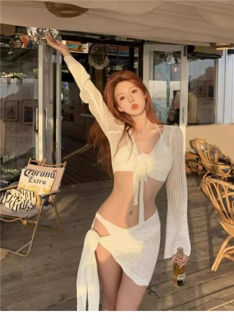 Sexy 4 Piece Lace Up Bikinis Set Women Swimsuit Solid Long Sleeve Cover Up with Skirt Swimwear New Push Up Bathing Suit Bikini