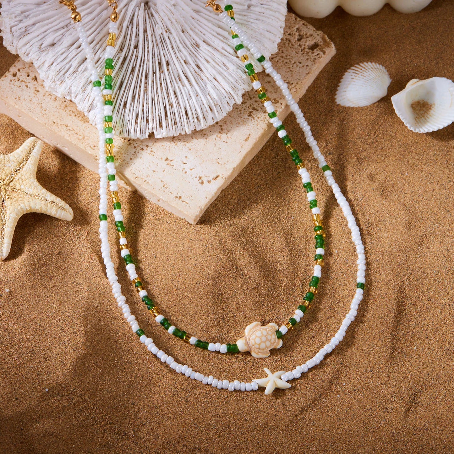Multi-layer Bohemian Rice Beads Sea Star Turtle Pendant Necklace For Women Girls Holiday Gift Fashion Jewelry