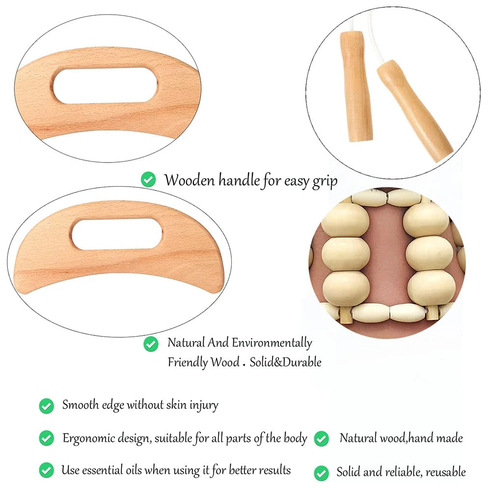 Wood Therapy Massage Tools Handmade Wood Back Massage Roller Rope Tool, Maderoterapia Kit Body Sculpting Tools for Relax Muscles
