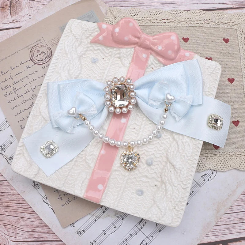 Beaded Ribbon Neck Tie Lolita Girl Bow Tie Women's Big Bow Larme Kei Heart Pearl for Collared Shirt Jfashion Brooch Accessories