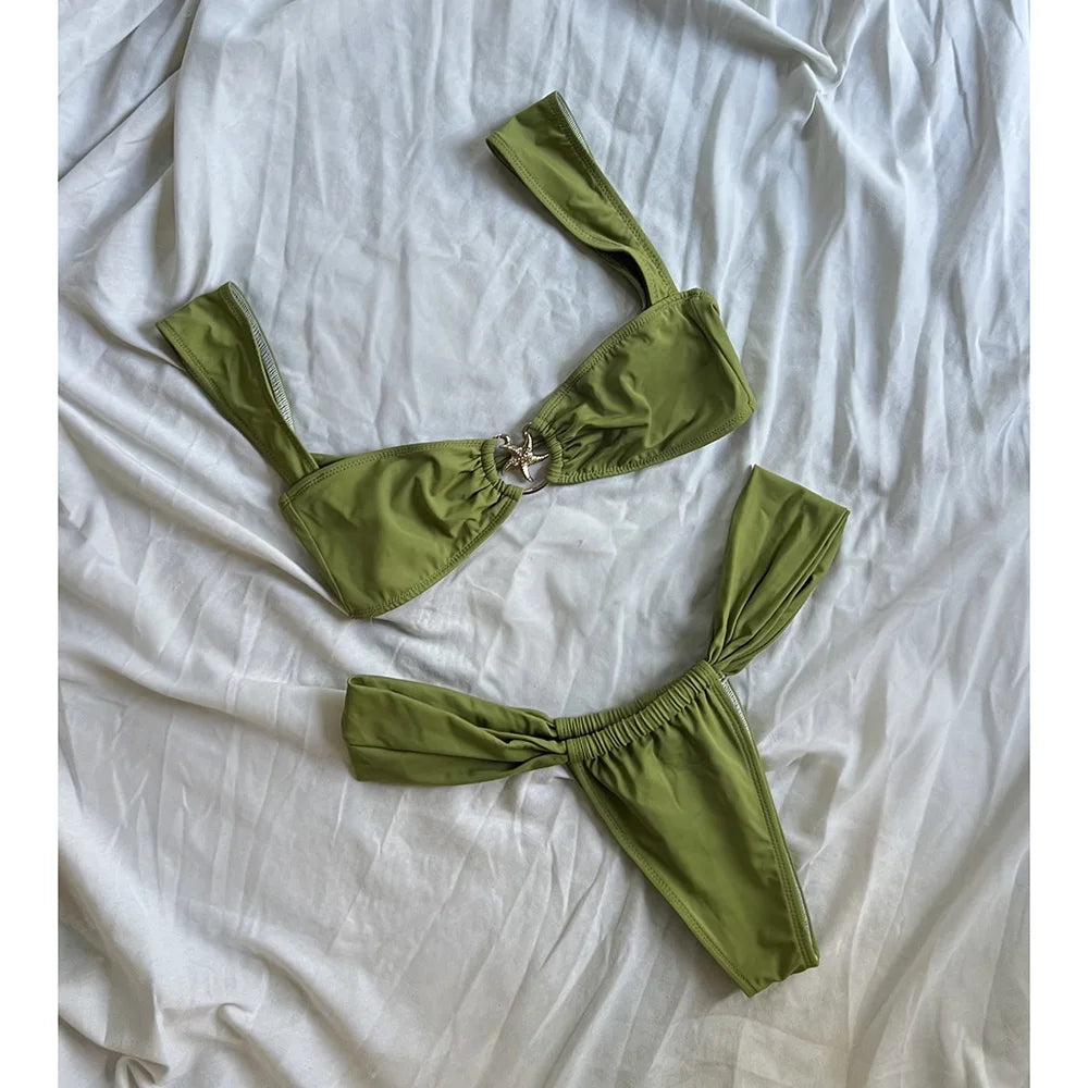 Push Up Bikinis Women Swimsuits 2025 Swimwear Sexy Starfish Bikini Set Thong Brazilian Biquini Bathing Suit Solid Beachwear