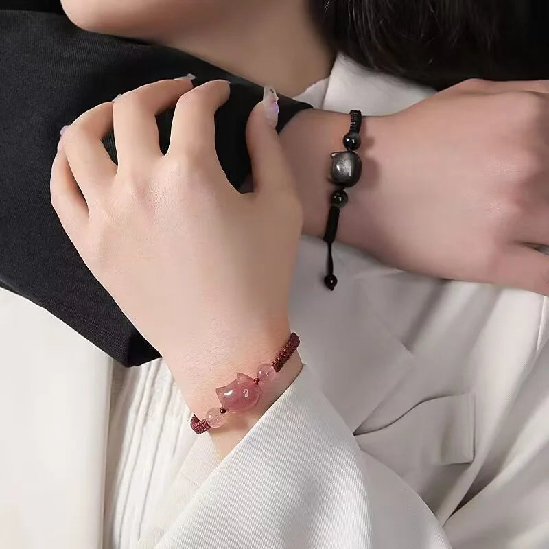 Lucky Pink Crystal Cats Friendship Bracelets For Best Friend Bff Matching Rope Chain Bracelet For Couples Jewelry Gift