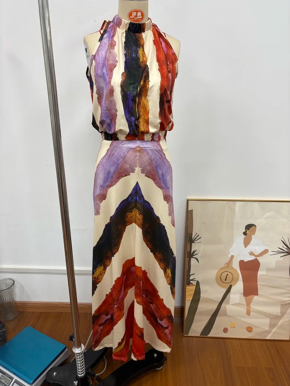 Painterly Print Satin Co-ord Set Sleeveless High Neck Crop Top Slim Fit Maxi Skirt Women's Elegant Chic Party Evening Outfit