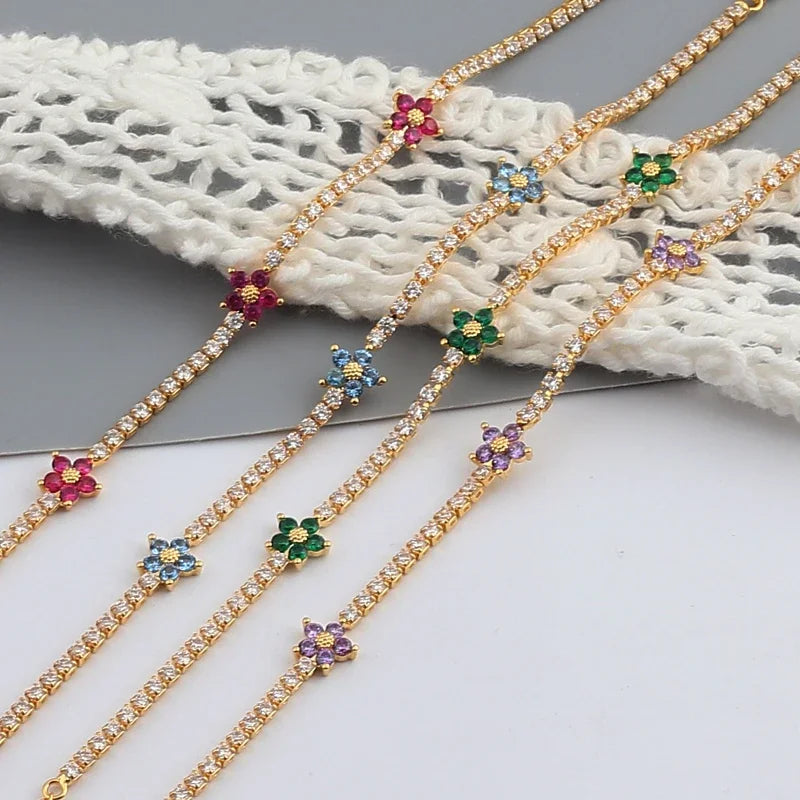 Luxury Rainbow CZ Flower Tennis Chain Bracelet For Women Girls Iced Out Bling CZ Paved Colorful Daisy Flower Bracelet