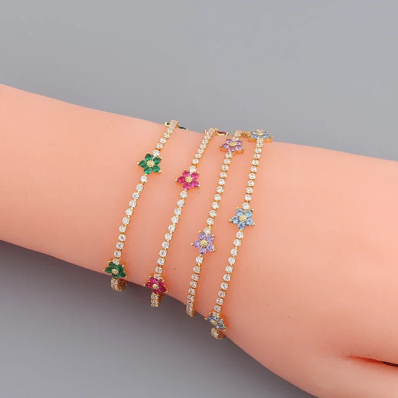 Luxury Rainbow CZ Flower Tennis Chain Bracelet For Women Girls Iced Out Bling CZ Paved Colorful Daisy Flower Bracelet