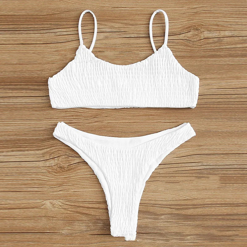 Sexy Triangle Bathing Suit for Women Vintage Pleated Suspender Push Up Bikini Summer 2025 New Simple Solid Swimwear Bikinis Sets