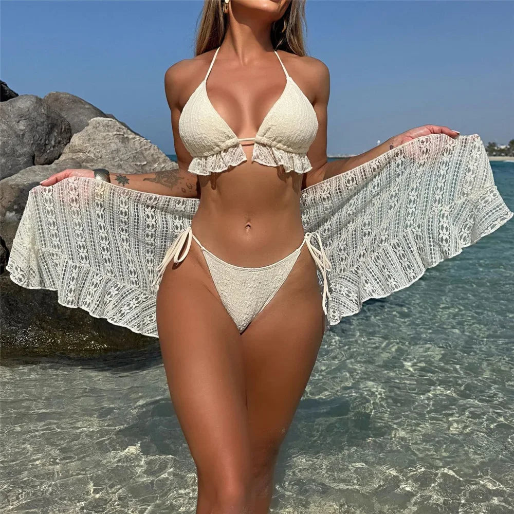 Halter String Triangle 3 Piece Bikini Set Beige Lace Mesh Sexy Swimsuit Women 2025 Cover Up Swimwear Bathing Suit Bikinis Dames