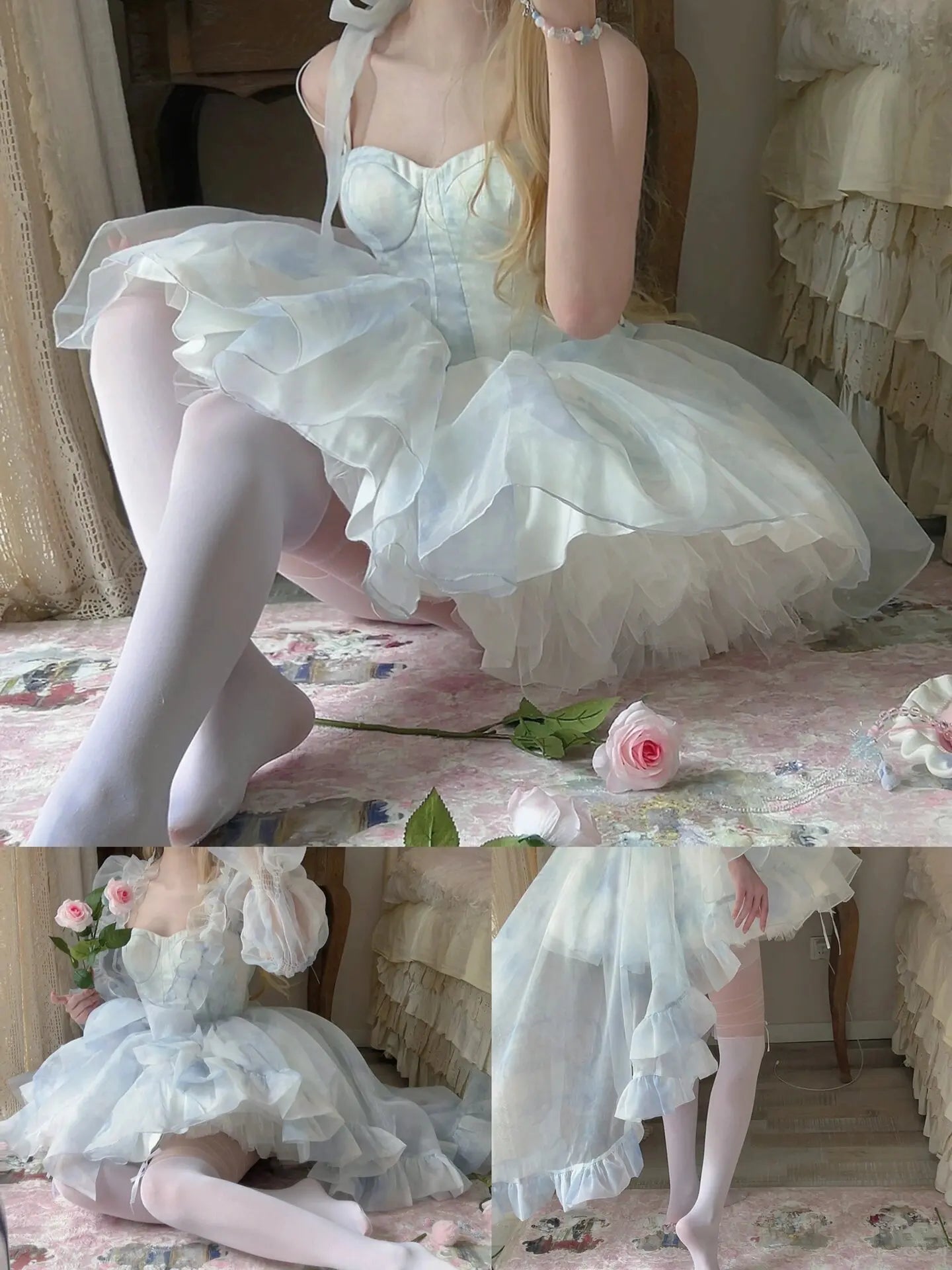 French Style Flower Wedding Dress Lolita Sweet Girl Women Fairy Tube Top Sling Dress with Long Cardigan Birthday Princess Dress